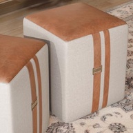 Conjunto 2 Puffs em Couro e Linho - Banqueta Confortável para Sala, Quarto ou Escritório - Design Moderno Bege - imagem 2
