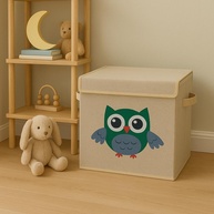 Caixa Organizadora Infantil com Tampa em Linho - Design Coruja e Animais | Baú Decorativo para Brinquedos - imagem 1