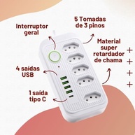 Régua de Energia Premium 10 em 1: 5 Tomadas, 4 USB + 1 USB-C, 2500W, Cabo 1.9m Bivolt - imagem 5