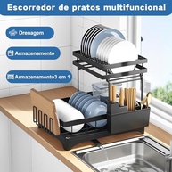 Escorredor de Louça Inox 2 Camadas com Suporte para Talheres e Drenagem Eficiente - Organizador de Cozinha Moderno - imagem 3