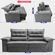 Sofá Retrátil e Reclinável 2,10m com Molas e Espuma D33 Thunder Velusoft Cinza - Conforto Premium com Design Moderno - imagem 3