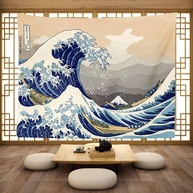 Tapeçaria Japonesa de Ondas Retro - 203x152cm - Estilo Kanagawa para Decoração de Quarto - imagem 1