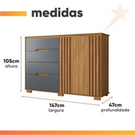 Cômoda 4 Gavetas 2 Portas Texas Freijó/Cinza - Design Moderno e Funcionalidade - imagem 4