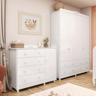 Quarto Infantil Maya Clássico Espresso - Guarda-Roupa 4 Portas e Cômoda 1 Porta em MDF Branco Brilho - imagem 2
