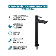Torneira de Mesa para Banheiro Bica Alta 1/4 Volta Aço Inox 304 Elegance Beltempo - Preto Fosco - imagem 5