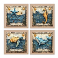 Kit 4 Quadros 18x18 cm Tema Praia - Mar, Sol e Baleia | Moldura de Madeira Sustentável com Estampa Brilhante - imagem 4
