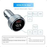 Carregador Veicular Turbo A'GOLD 60W PD QC 3.0: Carga Rápida com Display LED USB+C - imagem 5