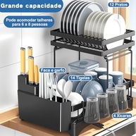 Escorredor de Louça Inox 2 Camadas com Suporte para Talheres e Drenagem Eficiente - Organizador de Cozinha Moderno - imagem 4