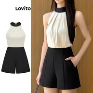 Macacão Feminino Lovito: Plissado, Colorblock e Casual - imagem 1
