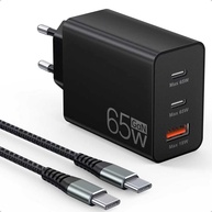 Carregador USB-C 65W 3 Portas: Carga Rápida para MacBook, iPhone 16/15, Galaxy e Mais + Cabo 2m - imagem 1