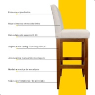Kit 2 Banquetas de Madeira Maciça com Encosto Estofado em Tecido Linho - Ideal para Cozinha e Ilha Americana - imagem 5