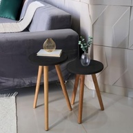 Mesa de Apoio Redonda Preta - 2 Mesas com Pés Palito em Madeira | Design Moderno para Sala, Quarto ou Escritório - imagem 2