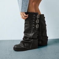 MAVMAX Botas Femininas De Cano Alto Estilo Slouchy - Motociclista Casuais Com Bico Redondo E Plataforma Dobrável, Salto Baixo Grosso Fivela Preta Us8 - imagem 2