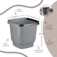 Kit Lavanderia Multiuso Uz - Balde 12L + Bacia 8,5L + Cesto Organizador Cinza - imagem 4