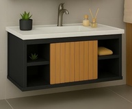 Gabinete com Cuba Suspensa para Banheiro com Nichos e Porta – Design Moderno em Preto Ripado - imagem 2