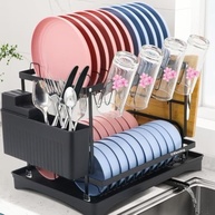 Escorredor de Louça 2 Níveis com Bandeja de Drenagem Automática - Design Moderno em Aço Inoxidável Preto - imagem 3