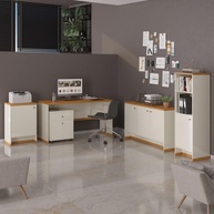 Conjunto Escritório Office Berlin - Escrivaninha + Balcões + Gaveteiro em Off White/Naturale - imagem 1