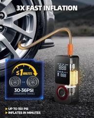 Compressor de ar portátil para insuflador de pneu sem fio, bomba de ar de 150 PSI com bateria recarregável, medidor de pressão de pneu, adaptador de energia de carro de 12 V, bomba de ar inteligente - imagem 3
