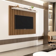 Painel Ripado para TV até 50" Lily com Prateleira - Design Moderno em Freijó e Off White - imagem 3