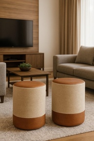 Kit 2 Puffs Redondos Decorativos em Linho e Courino – Estilo e Conforto para sua Casa - imagem 1