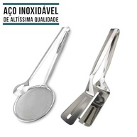 Pegador Inox Multifuncional para Fritura, Escumadeira, Pinça e Espátula Dupla - 28cm - imagem 4