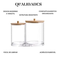 Porta Algodão Cotonete 2 em 1 com Tampa de Bambu e Acrílico Transparente – Organizador Higiênico para Banheiro e Maquiagem - imagem 5