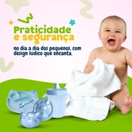 Kit 3 Peças Alimentação Bebê - Copo 350ml + Prato Divisórias + Porta Chupeta Azul Perolado - imagem 5