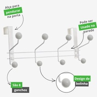 Suporte para Porta e Parede com 8 Ganchos - Metaltru Branco | Organização Prática e Moderna - imagem 4