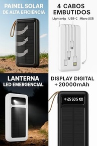 Power Bank Solar 20000mAh: Carregador Portátil com Cabos Embutidos e Display Digital - Ideal para Viagens e Camping (Preto) - imagem 5