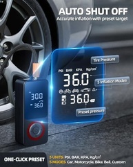 Compressor de ar portátil para insuflador de pneu sem fio, bomba de ar de 150 PSI com bateria recarregável, medidor de pressão de pneu, adaptador de energia de carro de 12 V, bomba de ar inteligente - imagem 4