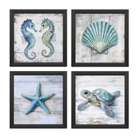 Kit 4 Quadros 18x18 cm Mar e Praia - Tartaruga, Concha, Estrela-do-Mar e Cavalos-Marinhos em Tons Turquesa - imagem 3