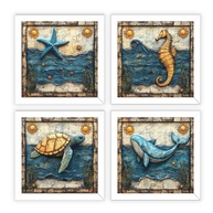 Kit 4 Quadros 18x18 cm Tema Praia - Mar, Sol e Baleia | Moldura de Madeira Sustentável com Estampa Brilhante - imagem 1