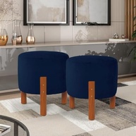 Kit com 2 Puffs Redondo Zeus em Suede Premium com Pés de Madeira Pinus Azul Marinho - Decore com Estilo e Conforto - imagem 2