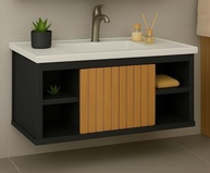 Gabinete com Cuba Suspensa para Banheiro com Nichos e Porta – Design Moderno em Preto Ripado - imagem 1
