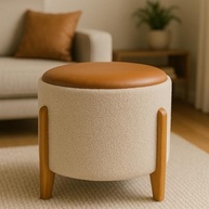 Puff Decorativo Redondo com Assento Macio em Courino e Pés de Madeira - Ideal para Sala e Escritório - imagem 4