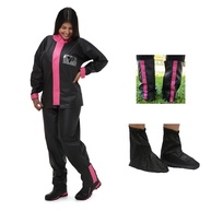 Kit Capa De Chuva Motoqueiro Feminina Pvc Pantaneiro + Polaina PVC meia sola preta com rosa - imagem 1