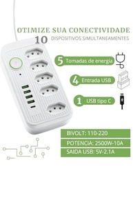 Extensão Elétrica 5 Tomadas + 5 USB + 1 USB-C: Carregamento Rápido e Seguro para Todos Seus Dispositivos - imagem 5