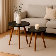 Kit 2 Mesas Cora de Canto Redondas com Pés Palito em MDF Preto – Ideal para Sala, Quarto e Escritório - imagem 1
