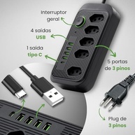 Régua de Energia Multifuncional: 5 Tomadas 3 Pinos + 4 USB + 1 USB-C | 2m Bivolt - imagem 3