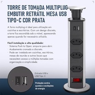 Torre de Tomada Retrátil Embutir: 3 Tomadas + USB-C e USB Padrão (Preto) - Elegância e Praticidade - imagem 4