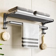 Suporte de Toalha Dobrável com Prateleira em Alumínio 60cm - Porta Toalhas Moderno com 2 Barras e Ganchos - imagem 1