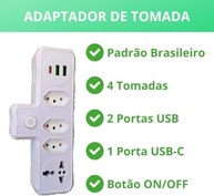 Tomada Múltipla 6 em 1: 4 Tomadas + 3 USB (C/A) | Bivolt Inteligente com Botão Liga/Desliga - imagem 2
