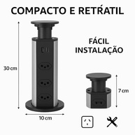 Torre Tomada Retrátil 3 Tomadas + USB + USB-C para Bancada - Multiplug Embutir 1.8m - imagem 5