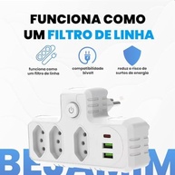 Régua de Energia 3 Tomadas + 3 USB (1 USB-C) - Carga Rápida e Proteção | Branco - imagem 3