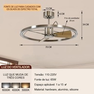 Ventilador de Teto com Luz LED 70cm | 6 Velocidades, 3 Cores, Controle Remoto, Motor DC Silencioso - imagem 4