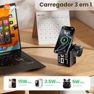 Carregador Magnético 3 em 1 Basike 15W: iPhone, Apple Watch e AirPods com Bluetooth e Despertador - imagem 3