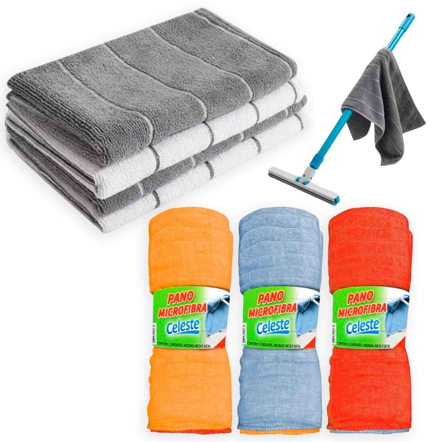 Kit 5 Panos de Chão Microfibra Super Absorvente - 2 Panões Grandes + 3 Panos Cores Mistas