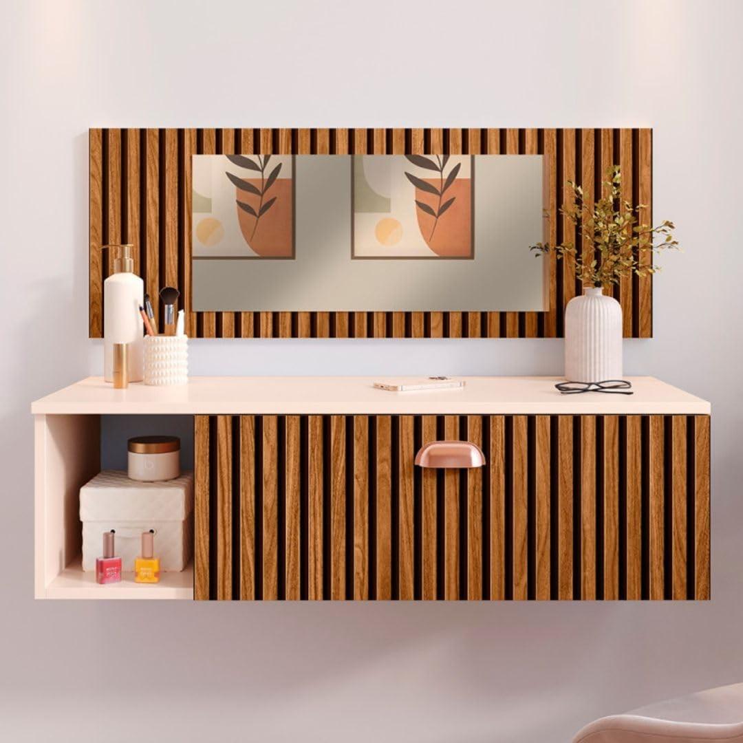 Penteadeira Suspensa com Espelho e Gaveta – Moderna e Funcional para Quarto, Camarim ou Salão de Beleza (Off White/Ripado)