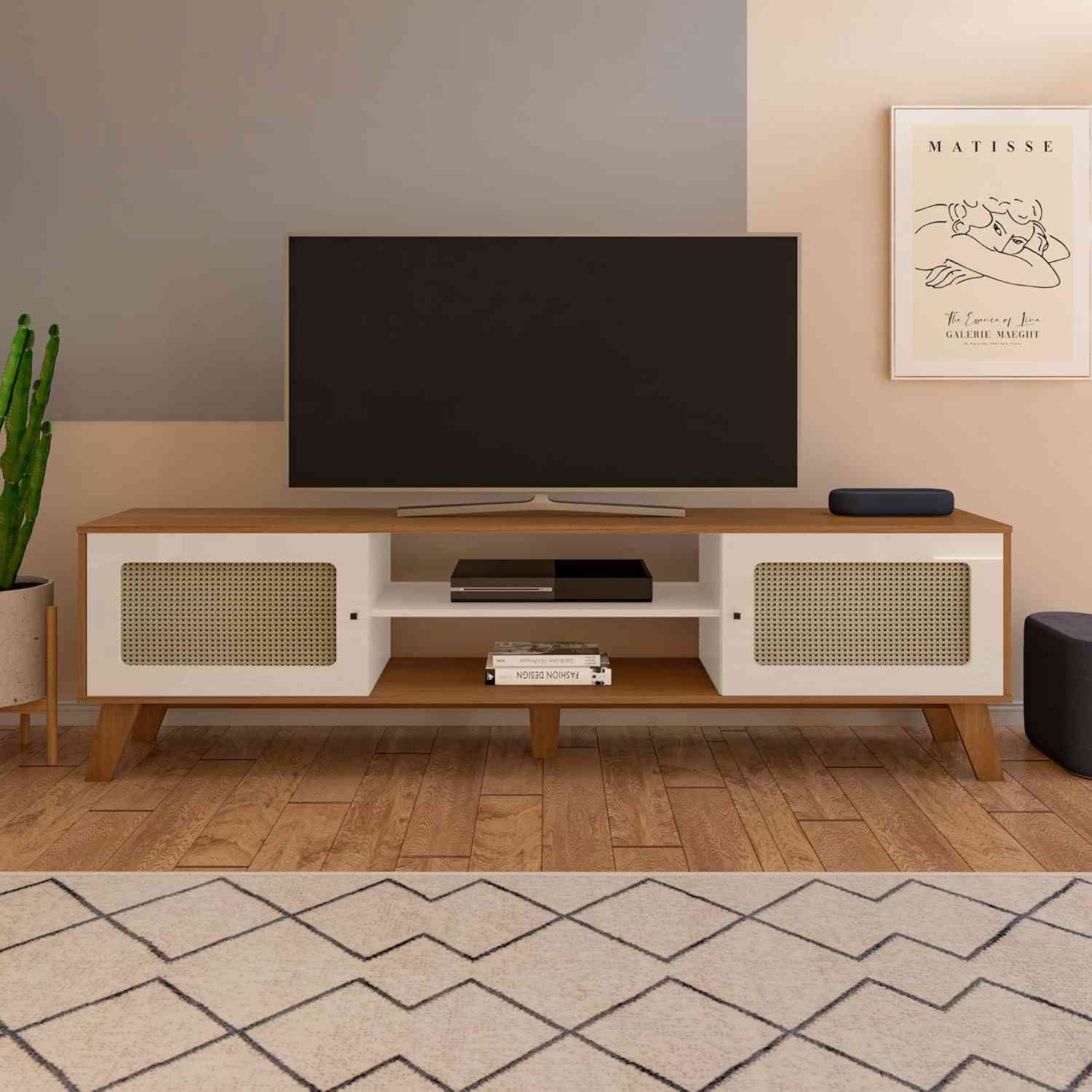 Rack para TV até 75" Charlotte Cinamomo c/ Off White – Design Moderno com 2 Portas e Nichos