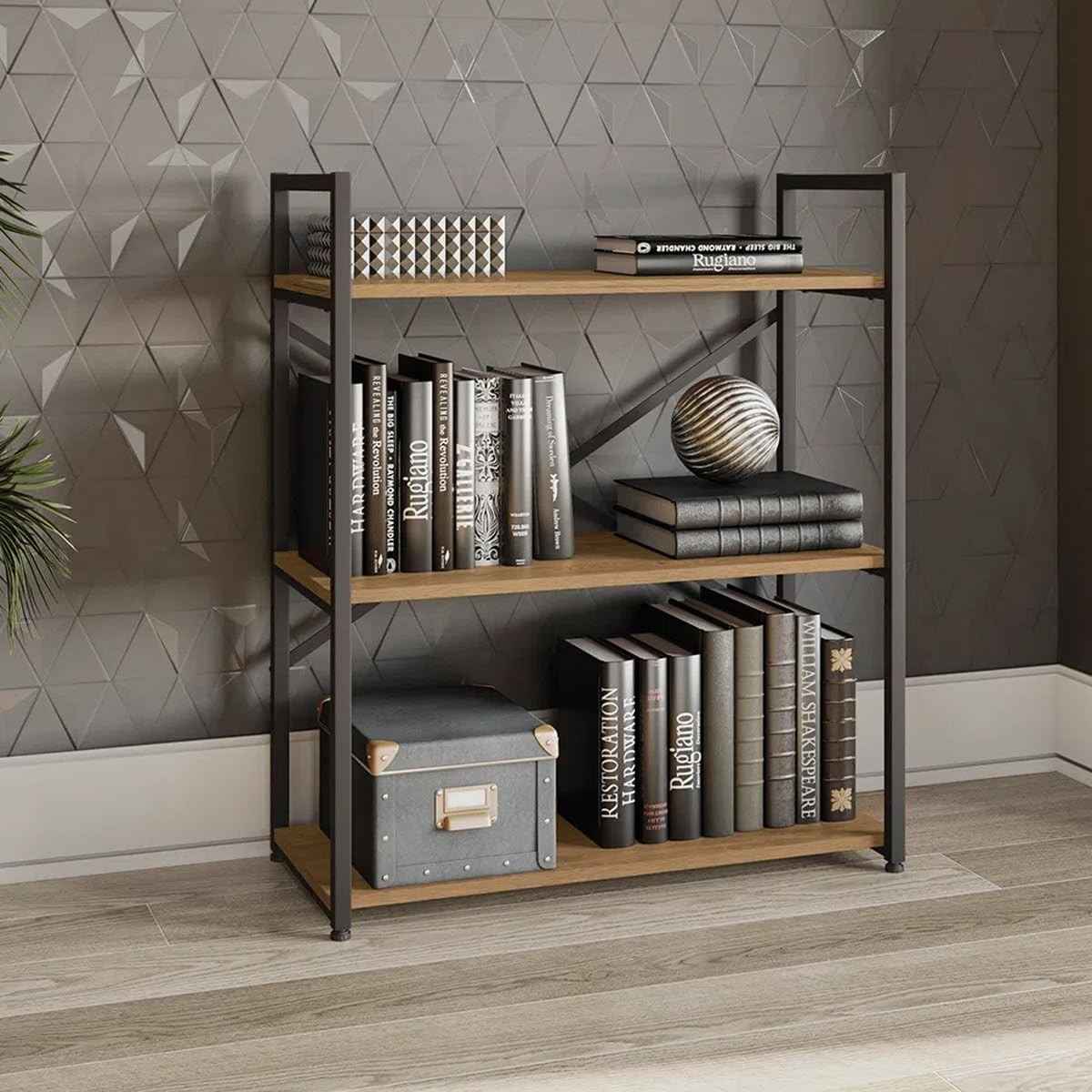 Estante Baixa Kappesberg 3 Prateleiras Estilo Industrial em Madeira e Metal – Design Moderno 85x72cm